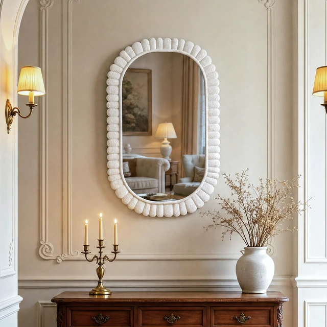 Alt view image 2 of 7 - Inch Oval Scalloped Wall Mirror, Textured MDF Framed Vanity Mirror Wabi Sabi Petal Frame Decorative Wall Vertical Mount