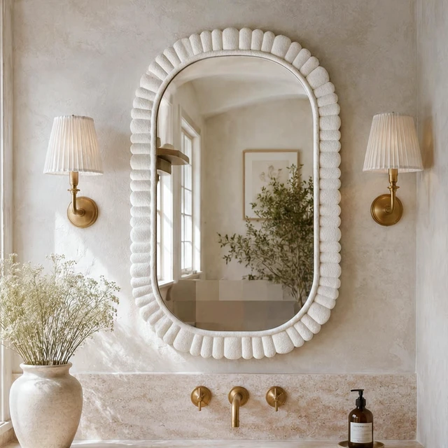 Main image of Inch Oval Scalloped Wall Mirror, Textured MDF Framed Vanity Mirror Wabi Sabi Petal Frame Decorative Wall Vertical Mount
