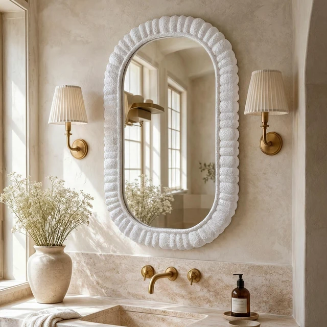 Alt view image 3 of 7 - Inch Oval Scalloped Wall Mirror, Textured MDF Framed Vanity Mirror Wabi Sabi Petal Frame Decorative Wall Vertical Mount