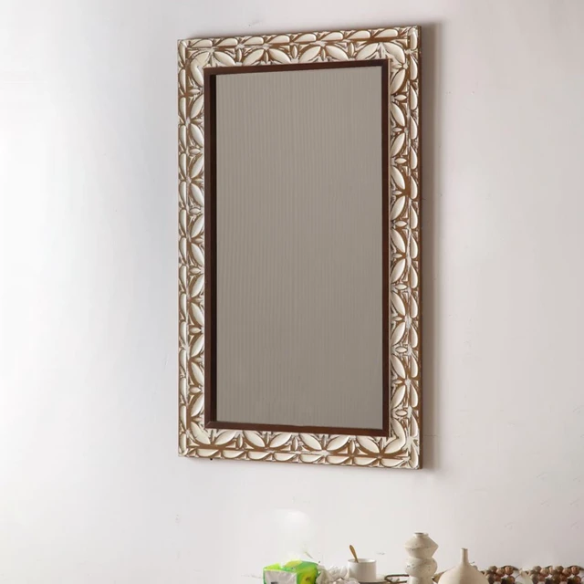 Alt view image 4 of 7 - ×47.24 Inch Rectangular Carved Leaf Wall Mirror, Distressed Two Tone MDF Framed Silver Vanity Mirror Bohemian Ornate