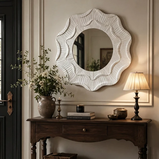 Main image of 31.5 Inch Wavy Flower Wall Mirror, Textured MDF Framed Decorative Round Mirror Carved Ruffled Scalloped Accent Wall