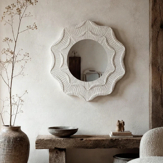 Alt view image 2 of 7 - 31.5 Inch Wavy Flower Wall Mirror, Textured MDF Framed Decorative Round Mirror Carved Ruffled Scalloped Accent Wall
