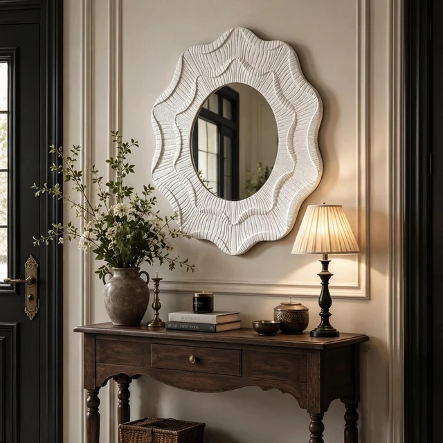 Alt view image 3 of 7 - 31.5 Inch Wavy Flower Wall Mirror, Textured MDF Framed Decorative Round Mirror Carved Ruffled Scalloped Accent Wall