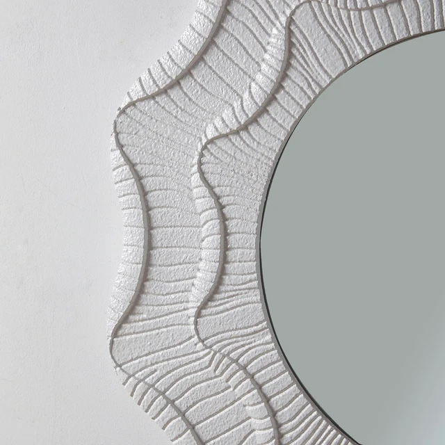 Alt view image 4 of 7 - 31.5 Inch Wavy Flower Wall Mirror, Textured MDF Framed Decorative Round Mirror Carved Ruffled Scalloped Accent Wall