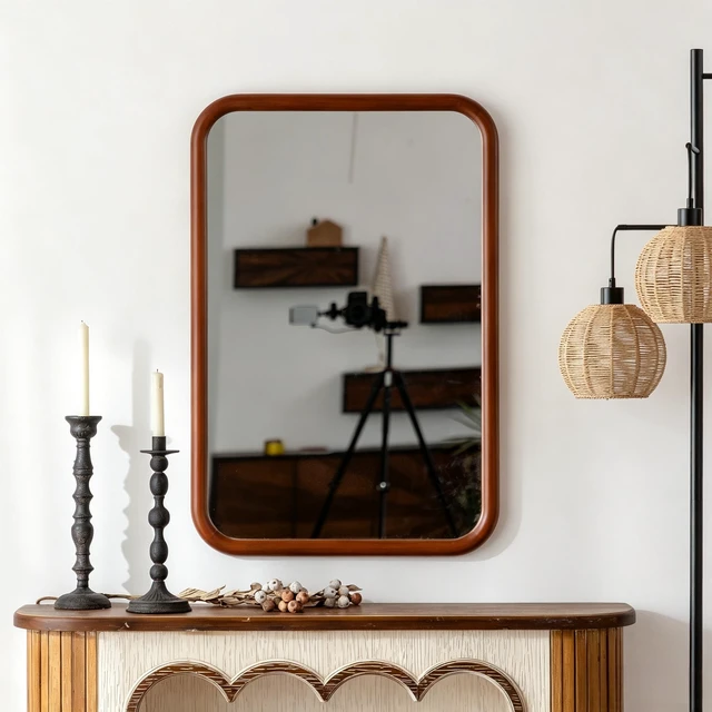 Alt view image 2 of 7 - Rounded Rectangle Wall Mirror 23.23 35.43 Inch, Solid Wood Frame Hanging Mirror with Wood Finish Decor for Living