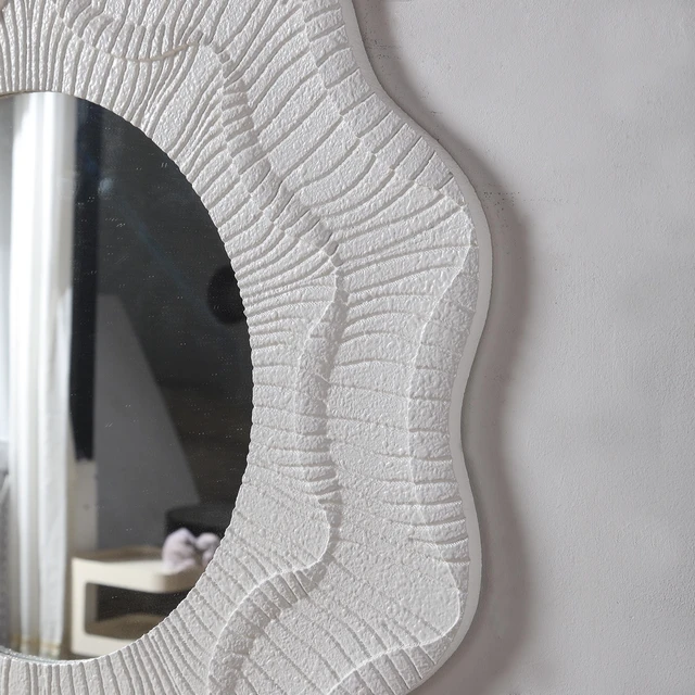Alt view image 5 of 7 - 31.5 Inch Wavy Flower Wall Mirror, Textured MDF Framed Decorative Round Mirror Carved Ruffled Scalloped Accent Wall