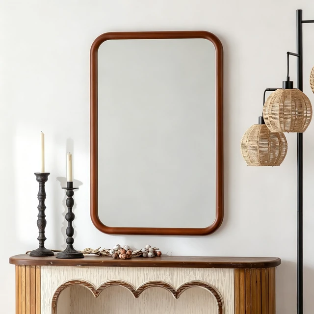 Alt view image 4 of 7 - Rounded Rectangle Wall Mirror 23.23 35.43 Inch, Solid Wood Frame Hanging Mirror with Wood Finish Decor for Living