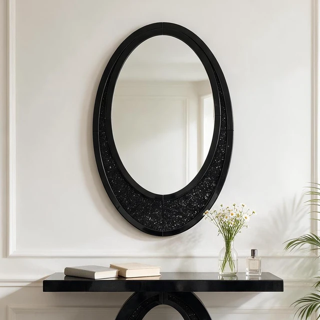 Main image of Handcrafted Oval Crushed Diamond Wall Mirror, High Scenario Decor Mirror, Black, MDF and Glass