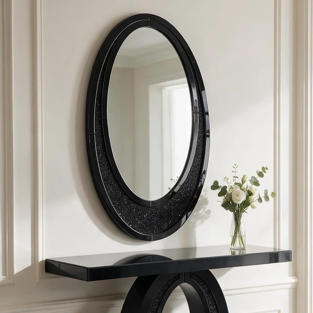 Alt view image 3 of 7 - Handcrafted Oval Crushed Diamond Wall Mirror, High Scenario Decor Mirror, Black, MDF and Glass