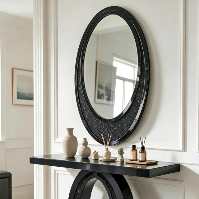 Alt view image 2 of 7 - Handcrafted Oval Crushed Diamond Wall Mirror, High Scenario Decor Mirror, Black, MDF and Glass