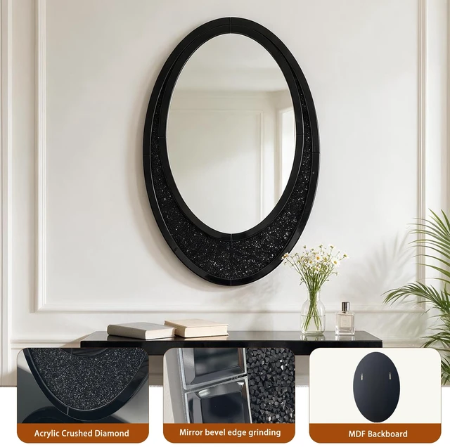 Alt view image 4 of 7 - Handcrafted Oval Crushed Diamond Wall Mirror, High Scenario Decor Mirror, Black, MDF and Glass