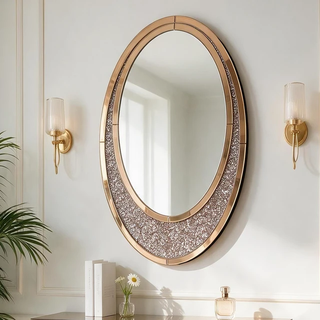 Main image of Hand Crafted Crescent Crushed Diamond Wall Mirror, High Use Vanity Mirror, Brown, MDF and Glass