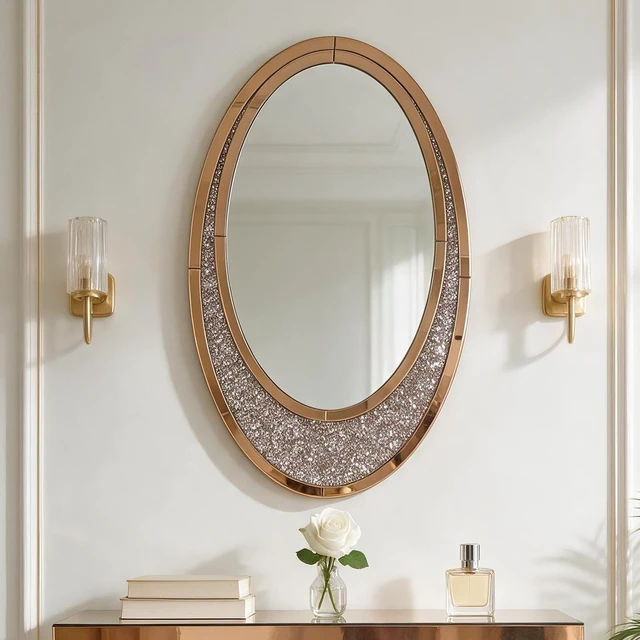 Alt view image 3 of 7 - Hand Crafted Crescent Crushed Diamond Wall Mirror, High Use Vanity Mirror, Brown, MDF and Glass