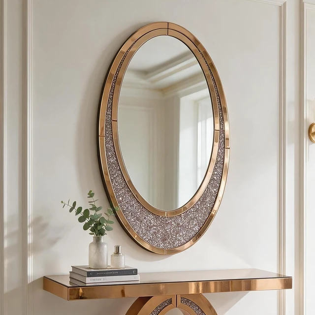 Alt view image 2 of 7 - Hand Crafted Crescent Crushed Diamond Wall Mirror, High Use Vanity Mirror, Brown, MDF and Glass