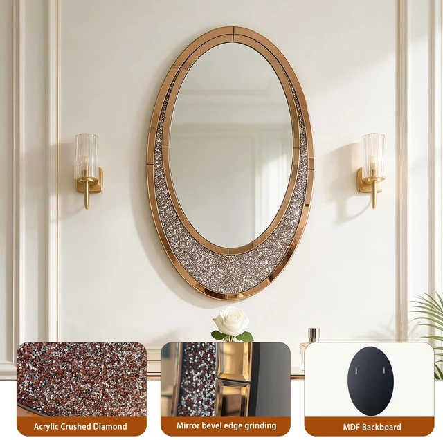 Alt view image 4 of 7 - Hand Crafted Crescent Crushed Diamond Wall Mirror, High Use Vanity Mirror, Brown, MDF and Glass