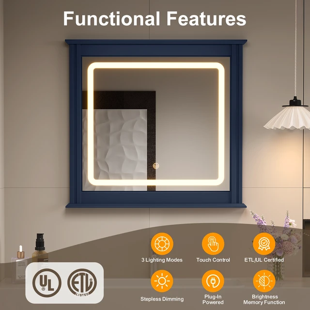 Alt view image 5 of 7 - LED Vanity Mirror with Touch Control Colors Brightness Levels Memory Function Vertical Stripe, Blue, Engineered Wood