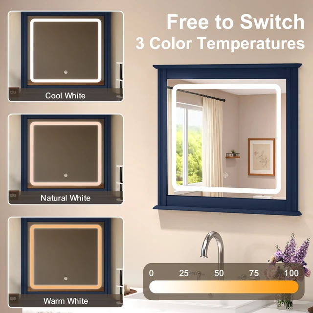 Alt view image 3 of 7 - LED Vanity Mirror with Touch Control Colors Brightness Levels Memory Function Vertical Stripe, Blue, Engineered Wood