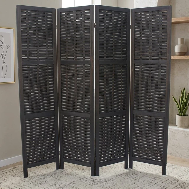 Main image of Woven 4 Panel Wooden Divider, Foldable Lightweight Weaving Bamboo Divider, Black, Solid Wood, Privacy Screens