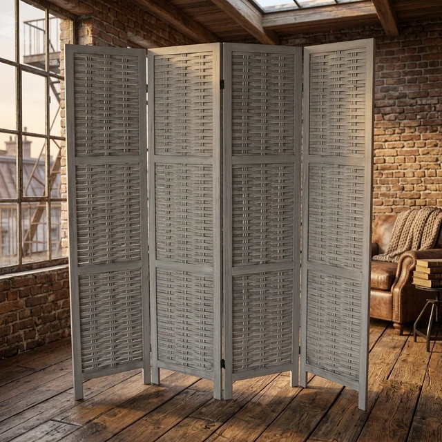Alt view image 5 of 5 - Woven 4 Panel Wooden Divider, Foldable Lightweight Weaving Bamboo Divider Wash, Gray, Solid Wood, Privacy Screens