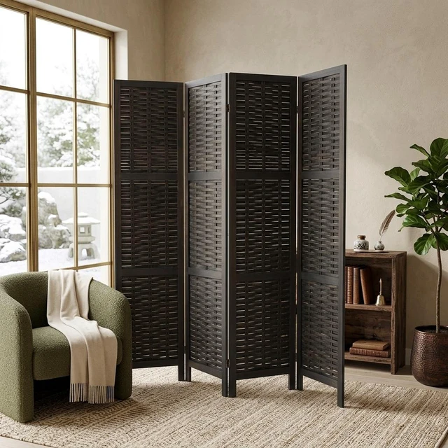 Alt view image 2 of 5 - Woven 4 Panel Wooden Divider, Foldable Lightweight Weaving Bamboo Divider, Black, Solid Wood, Privacy Screens
