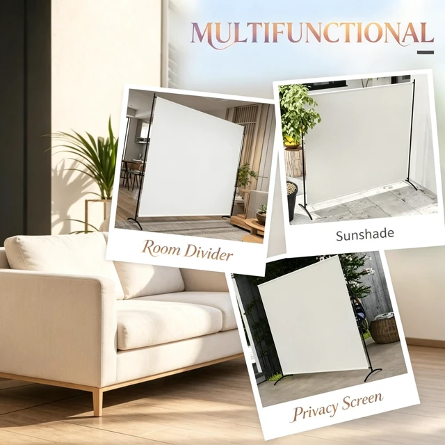Alt view image 2 of 7 - Freestanding Outdoor Privacy Screen, Protection Divider, Beige, Polyester and Steel