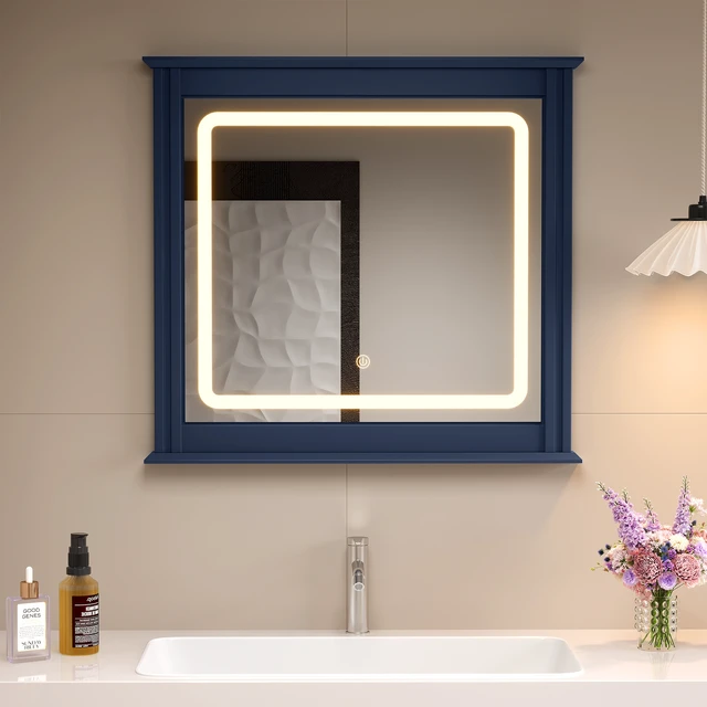 Alt view image 7 of 7 - LED Vanity Mirror with Touch Control Colors Brightness Levels Memory Function Vertical Stripe, Blue, Engineered Wood
