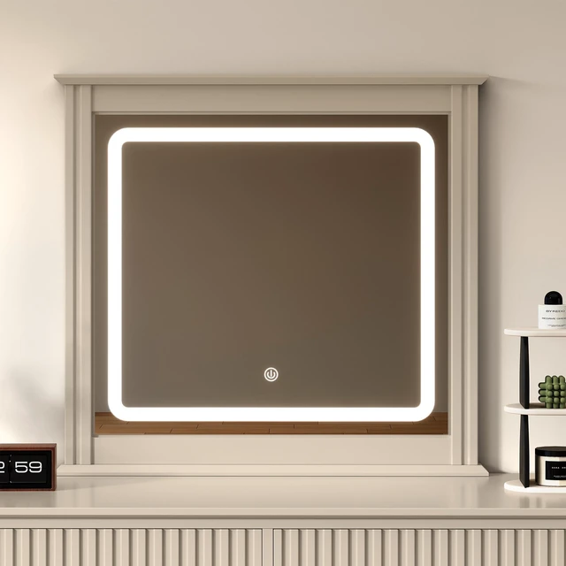 Main image of LED Vanity Mirror with Touch Control Colors Brightness Levels Memory Function Vertical Stripe, Beige, Engineered Wood