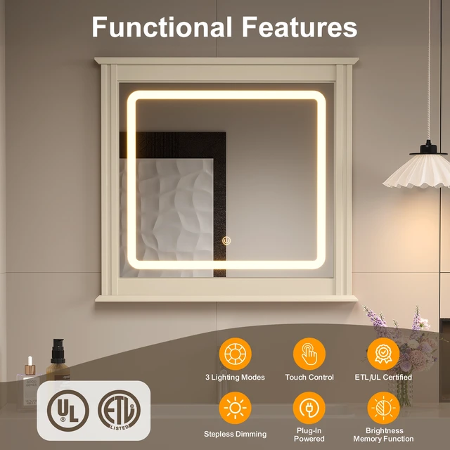 Alt view image 5 of 7 - LED Vanity Mirror with Touch Control Colors Brightness Levels Memory Function Vertical Stripe, Beige, Engineered Wood
