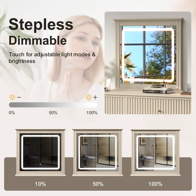 Alt view image 4 of 7 - LED Vanity Mirror with Touch Control Colors Brightness Levels Memory Function Vertical Stripe, Beige, Engineered Wood