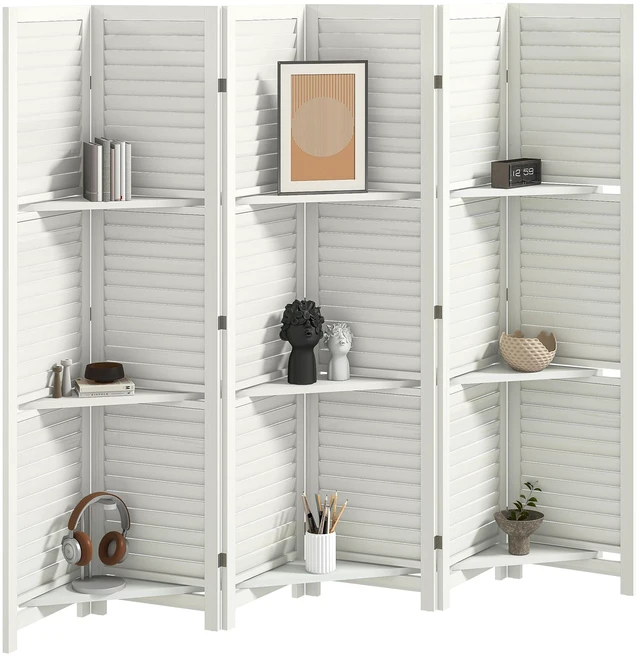 Main image of Divider, 6 Panel 67 Inch Tall Privacy Screen with Display Shelves and Folding Storage, White, Aluminum