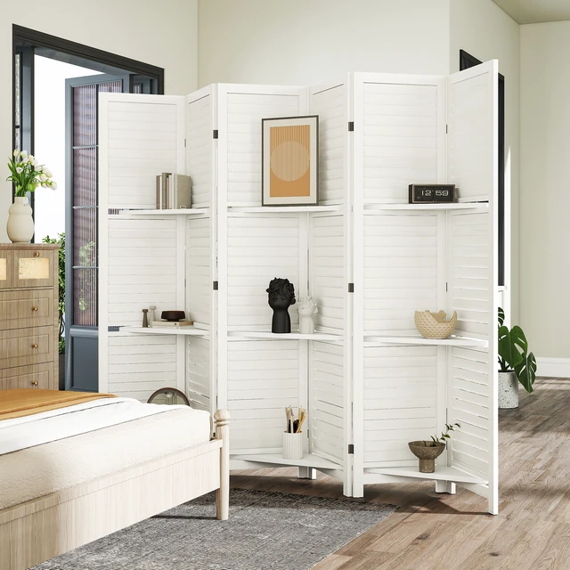 Alt view image 2 of 7 - Divider, 6 Panel 67 Inch Tall Privacy Screen with Display Shelves and Folding Storage, White, Aluminum