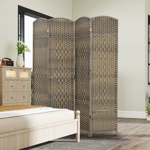 Alt view image 2 of 7 - Divider, 6 ft 4 Panel Folding Privacy Screen Hand Woven Wall Partition with Wood Frame Freestanding Separator