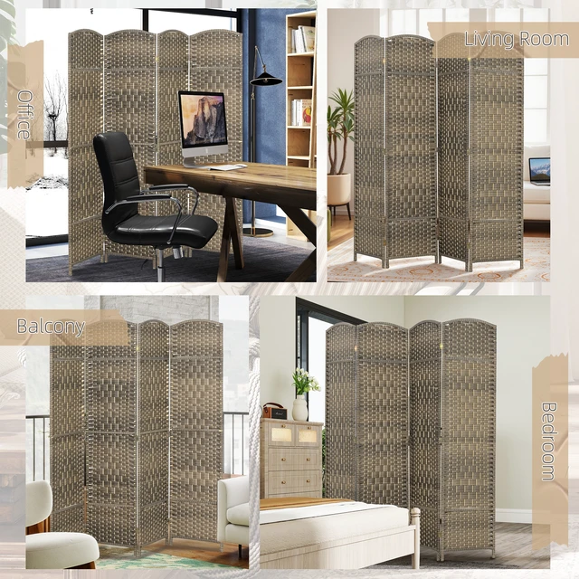 Alt view image 3 of 7 - Divider, 6 ft 4 Panel Folding Privacy Screen Hand Woven Wall Partition with Wood Frame Freestanding Separator