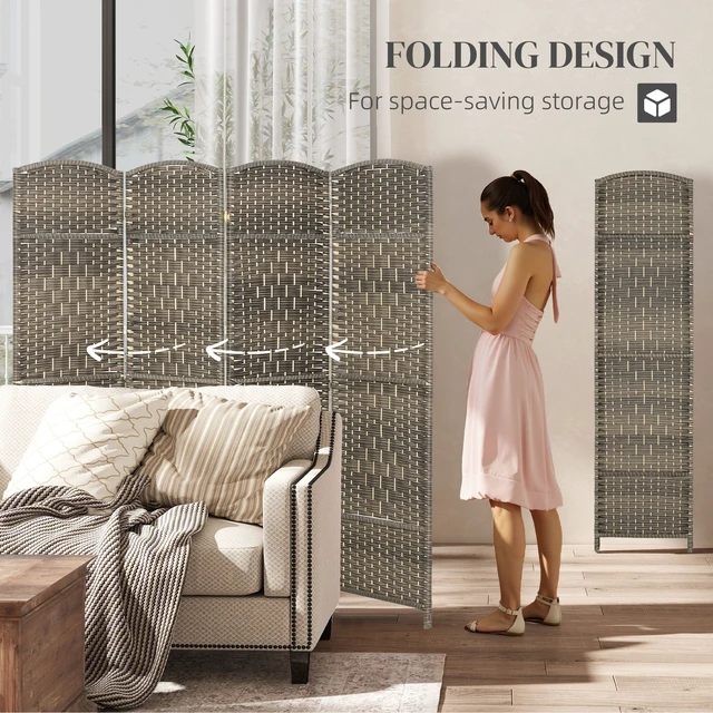 Alt view image 6 of 7 - Divider, 6 ft 4 Panel Folding Privacy Screen Hand Woven Wall Partition with Wood Frame Freestanding Separator