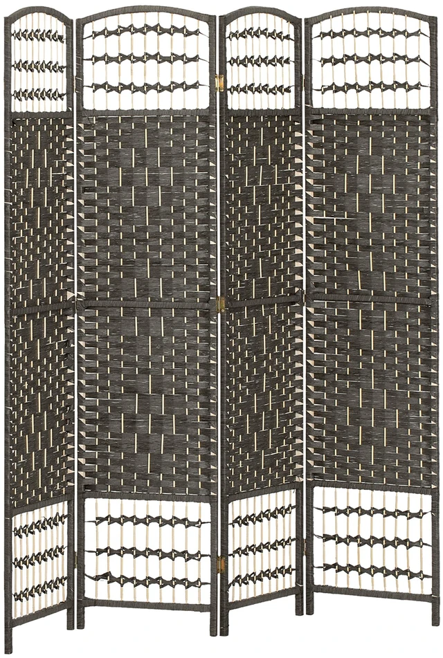 Main image of 4 Panel Divider, Folding Privacy Screen Separator Wave Fiber Freestanding Partition Wall Divider, Dark Gray, Bent Wood