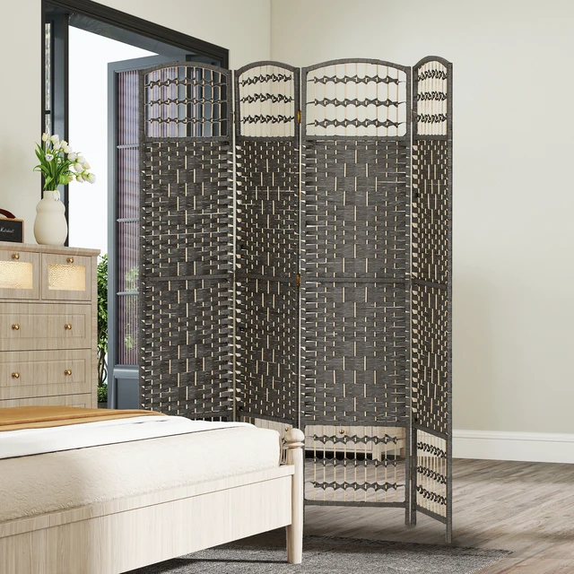Alt view image 2 of 7 - 4 Panel Divider, Folding Privacy Screen Separator Wave Fiber Freestanding Partition Wall Divider, Dark Gray, Bent Wood