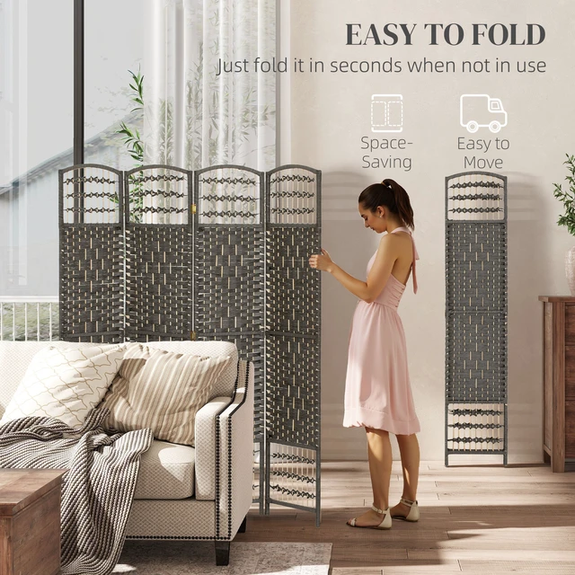 Alt view image 6 of 7 - 4 Panel Divider, Folding Privacy Screen Separator Wave Fiber Freestanding Partition Wall Divider, Dark Gray, Bent Wood