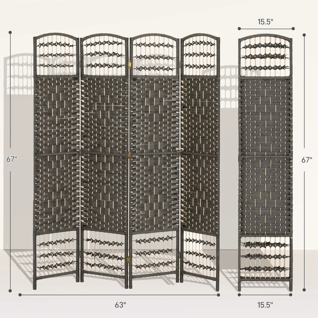 Alt view image 7 of 7 - 4 Panel Divider, Folding Privacy Screen Separator Wave Fiber Freestanding Partition Wall Divider, Dark Gray, Bent Wood