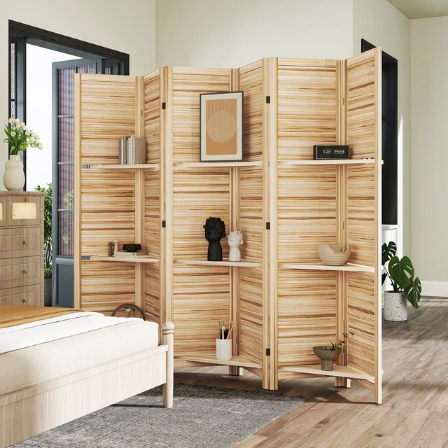 Alt view image 2 of 7 - Divider, 6 Panel 67 Inch Tall Privacy Screen with Display Shelves and Folding Storage, Natural Wood, Ceramic Tile