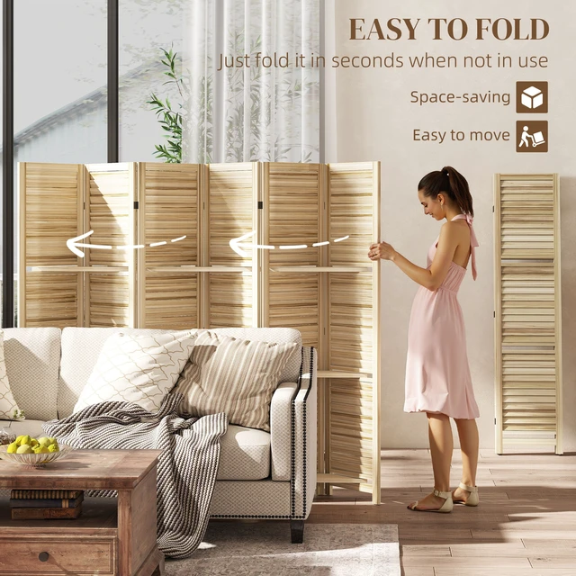 Alt view image 5 of 7 - Divider, 6 Panel 67 Inch Tall Privacy Screen with Display Shelves and Folding Storage, Natural Wood, Ceramic Tile