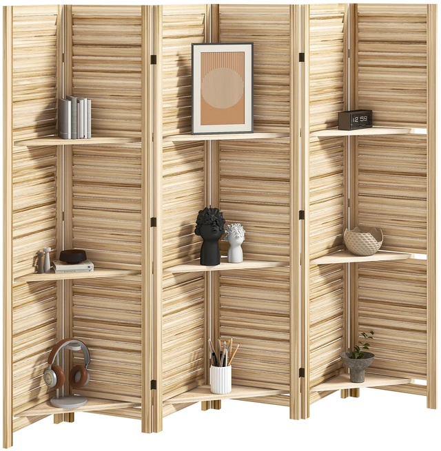 Main image of Divider, 6 Panel 67 Inch Tall Privacy Screen with Display Shelves and Folding Storage, Natural Wood, Ceramic Tile