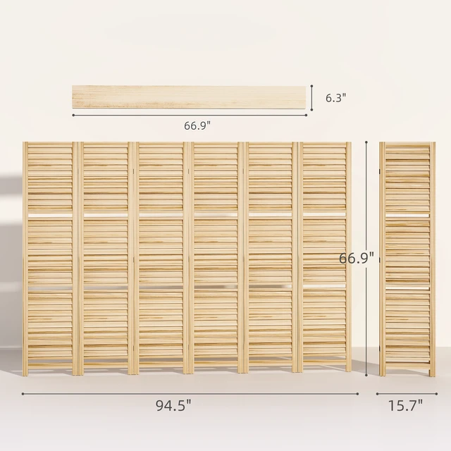 Alt view image 7 of 7 - Divider, 6 Panel 67 Inch Tall Privacy Screen with Display Shelves and Folding Storage, Natural Wood, Ceramic Tile
