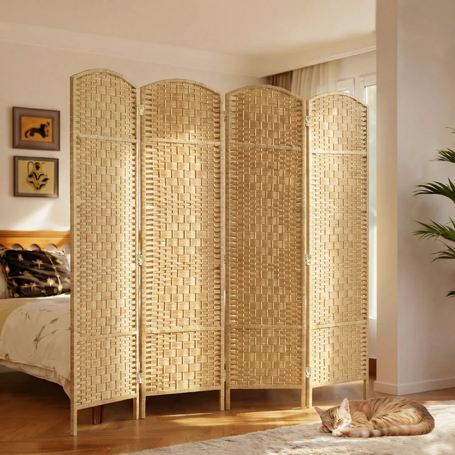 Alt view image 2 of 7 - Divider, 6 ft 4 Panel Folding Privacy Screen Hand Woven Wall Partition with Wood Frame Freestanding Separator