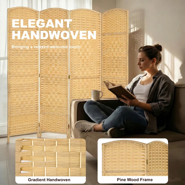 Alt view image 6 of 7 - Divider, 6 ft 4 Panel Folding Privacy Screen Hand Woven Wall Partition with Wood Frame Freestanding Separator