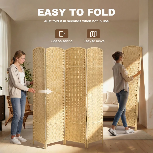Alt view image 5 of 7 - Divider, 6 ft 4 Panel Folding Privacy Screen Hand Woven Wall Partition with Wood Frame Freestanding Separator