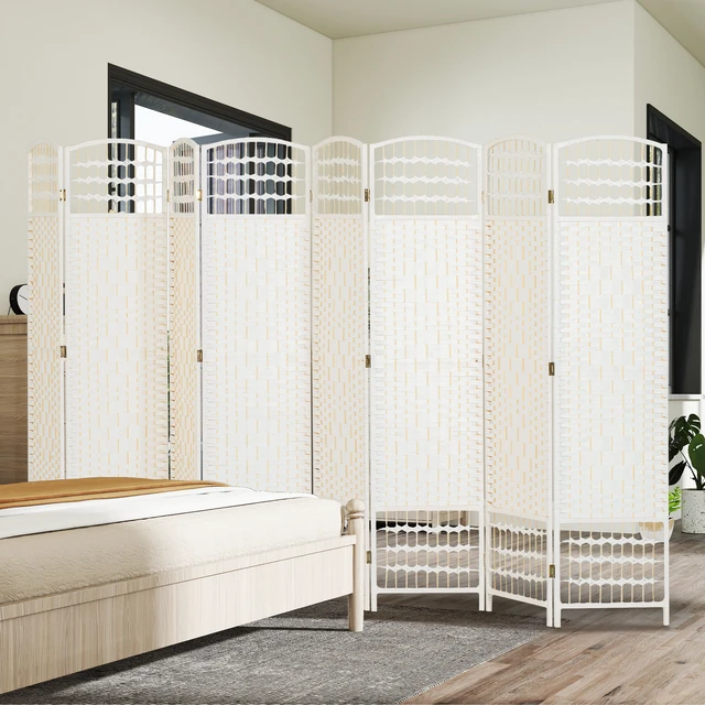 Alt view image 2 of 7 - 8 Panel Divider, Folding Privacy Screen Separator Wave Fiber Freestanding Partition Wall Divider, White, Wood and Paper