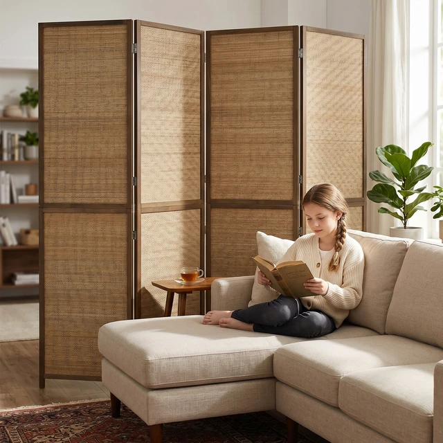 Alt view image 2 of 7 - Divider, Tall Folding Privacy Screen 4 Panel Hand Woven Bamboo Wall Partition for Separation Portable Freestanding Wall