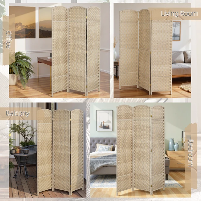 Alt view image 3 of 7 - Divider, 6 ft 3 Panel Folding Privacy Screen Hand Woven Wall Partition with Wood Frame Freestanding Separator