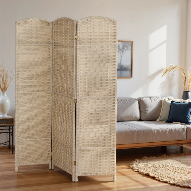 Alt view image 2 of 7 - Divider, 6 ft 3 Panel Folding Privacy Screen Hand Woven Wall Partition with Wood Frame Freestanding Separator