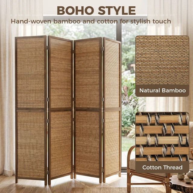 Alt view image 6 of 7 - Divider, Tall Folding Privacy Screen 4 Panel Hand Woven Bamboo Wall Partition for Separation Portable Freestanding Wall